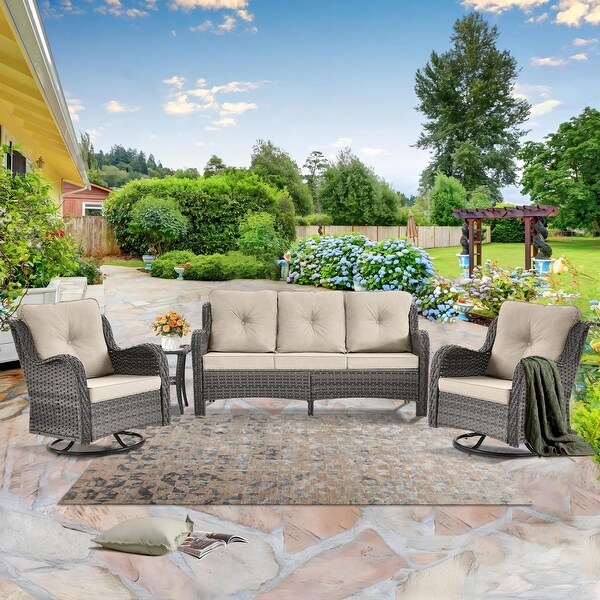 5 Seat Wicker Patio Furniture Conversation Setting with High Back Swivel Rocking Chairs，Cushions Included 🎃