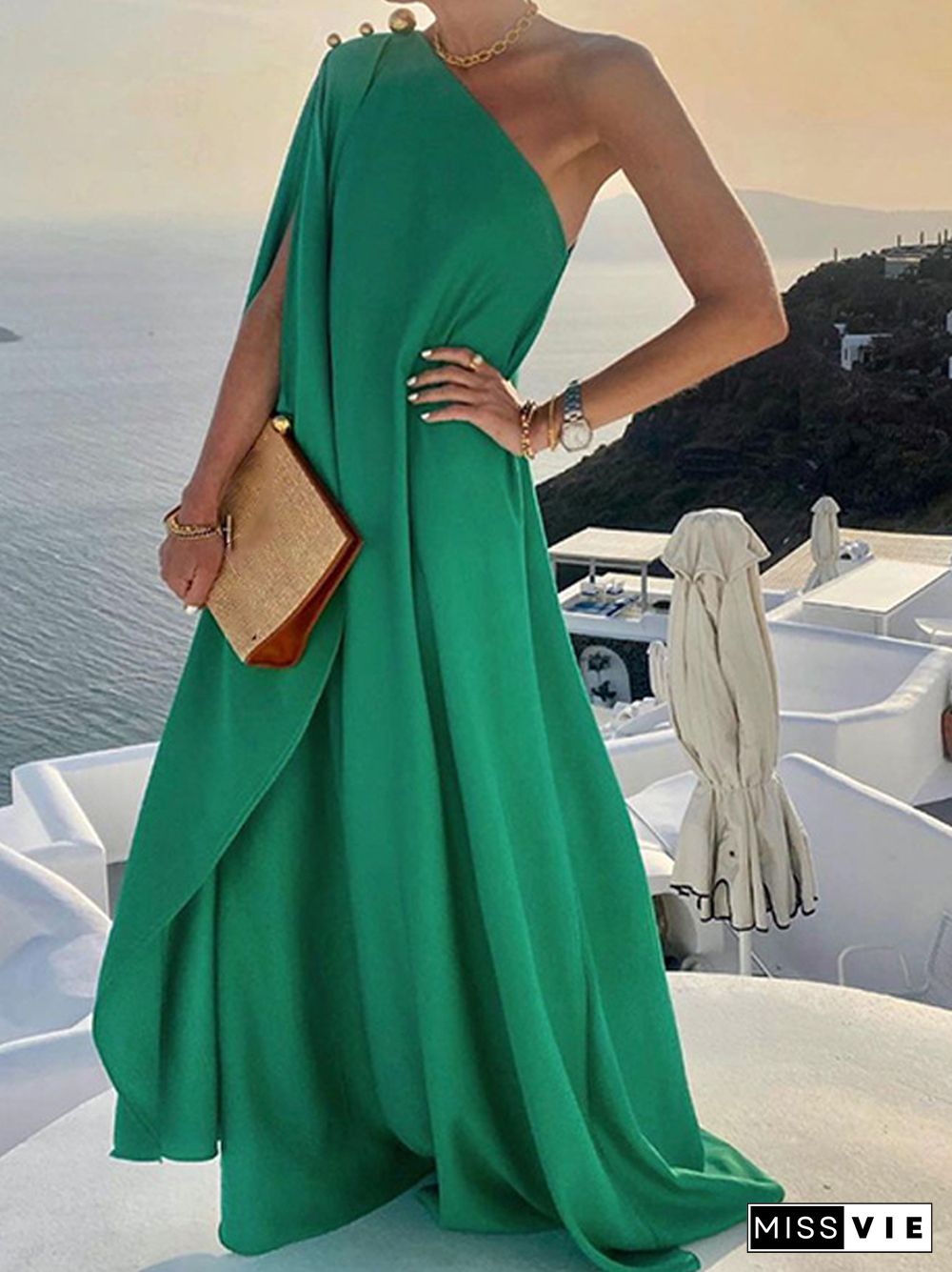 Women Sexy Off Shoulder Boho Long Dress Elegant One Shoulder Loose Party Dress Summer Fashion Button Solid Beach Maxi Dress