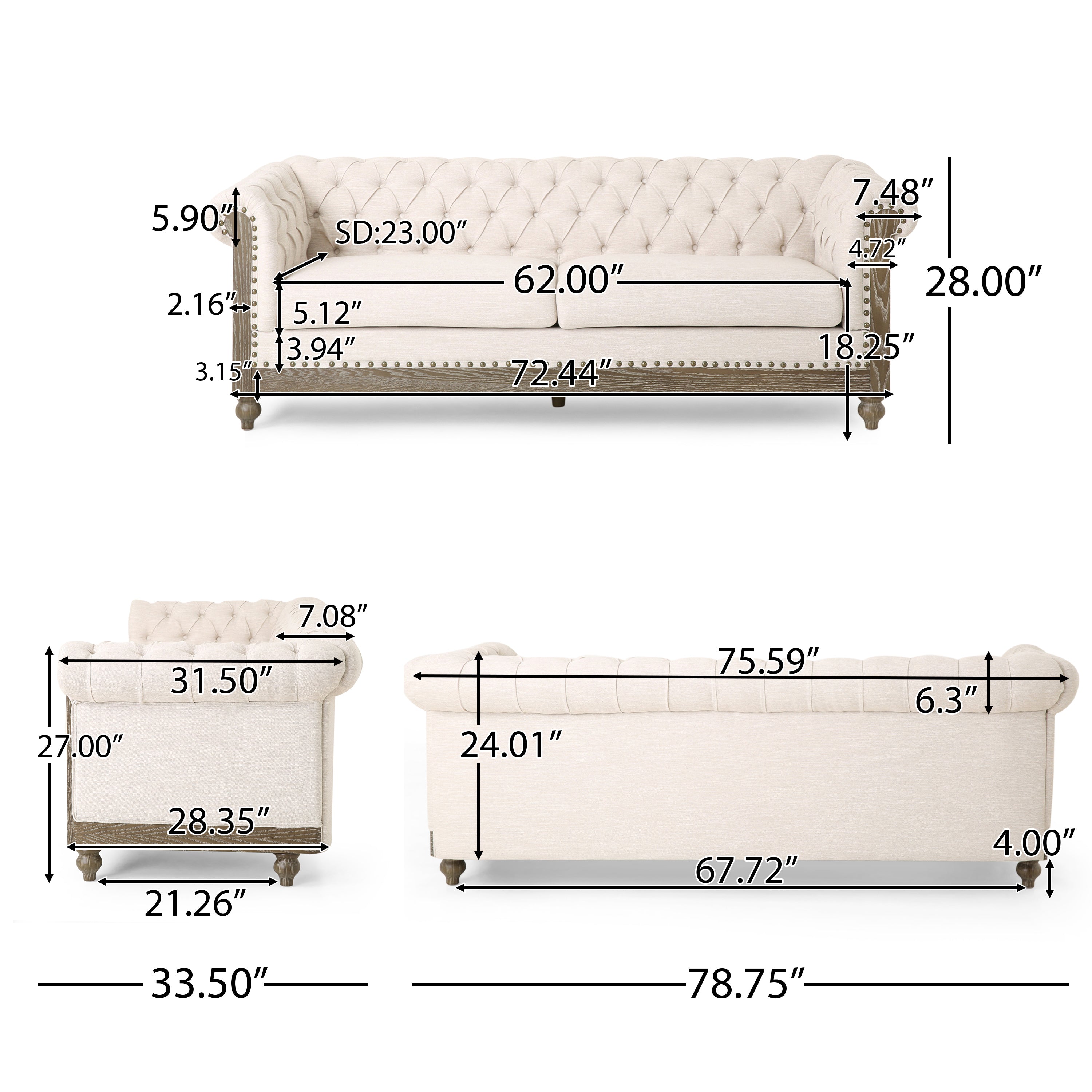 Kinzie Chesterfield Tufted Fabric 3 Seater Sofa with Nailhead Trim