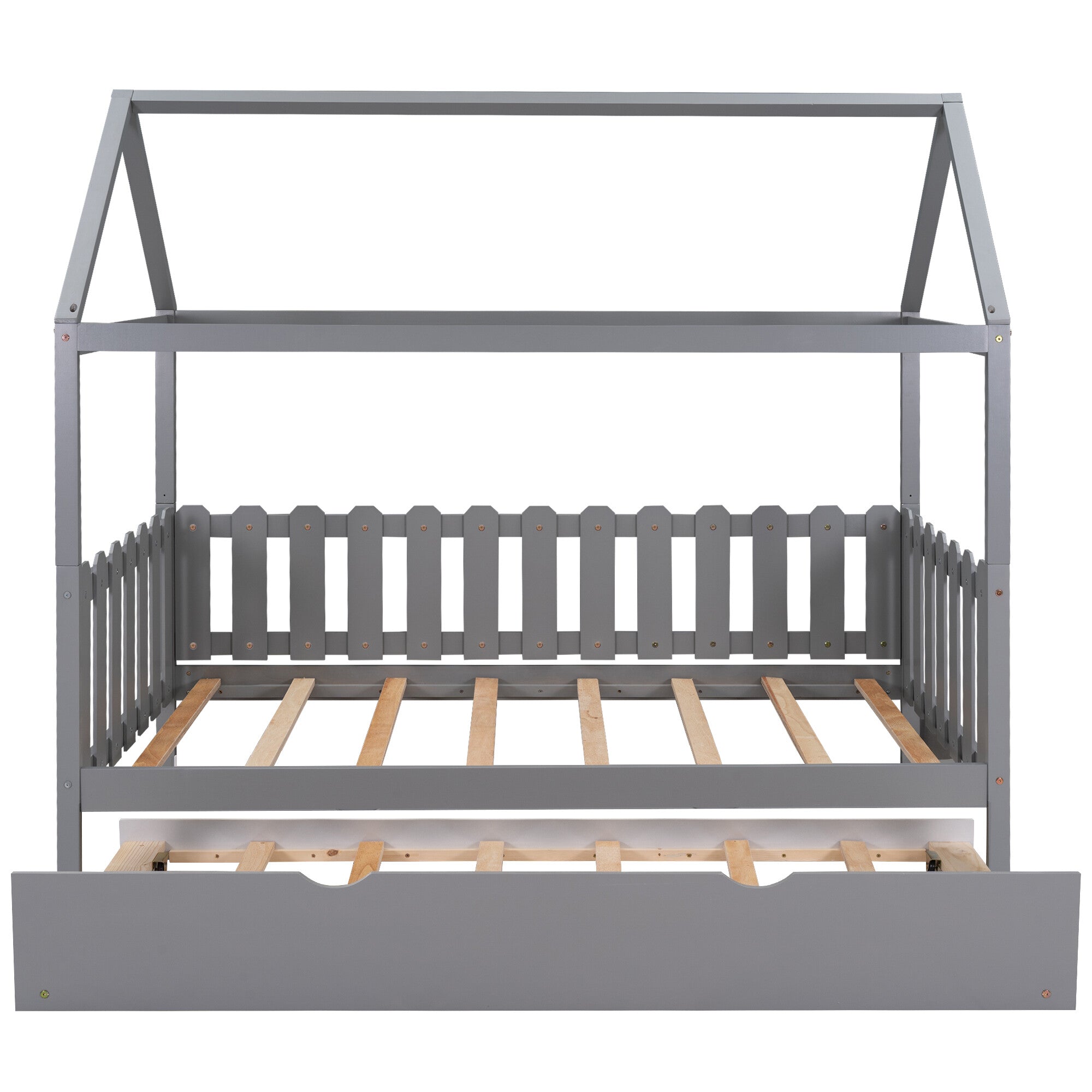 OVERDRIVE Twin Size House Bed Toddler for Kids Wood Frame with Trundle, Fence-Shaped Guardrail, Gray