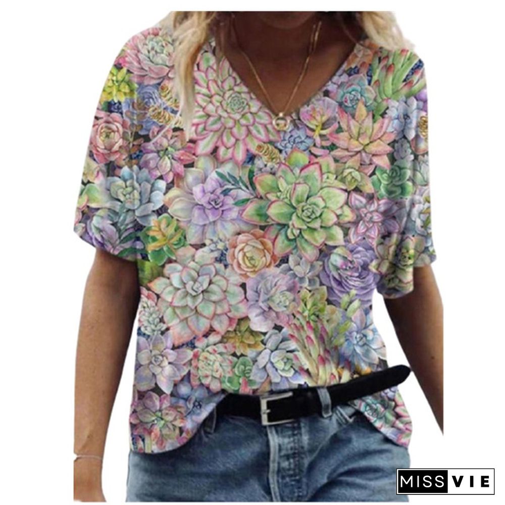 Women 3D Flower Print T Shirt Abstract Top Summer New Fashion Street Casual V-Neck Loose Tee Oversized Ladies Cotton Tops Plus Size XS-8XL