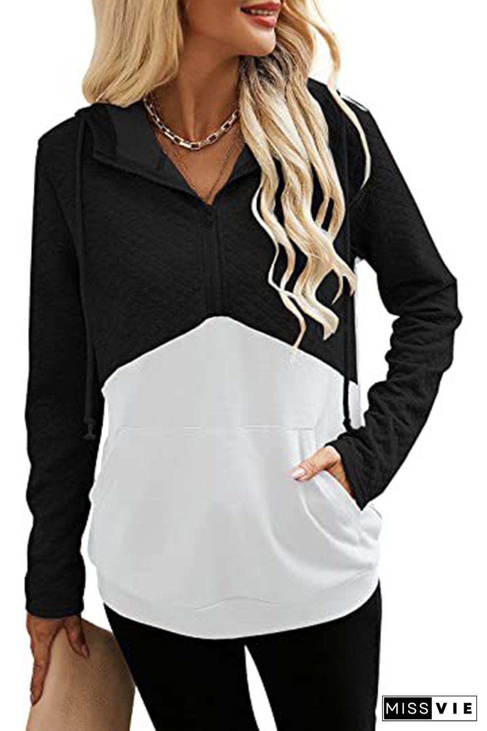 Zip Hoodies Patchwork Long Sleeves Tops Wholesale