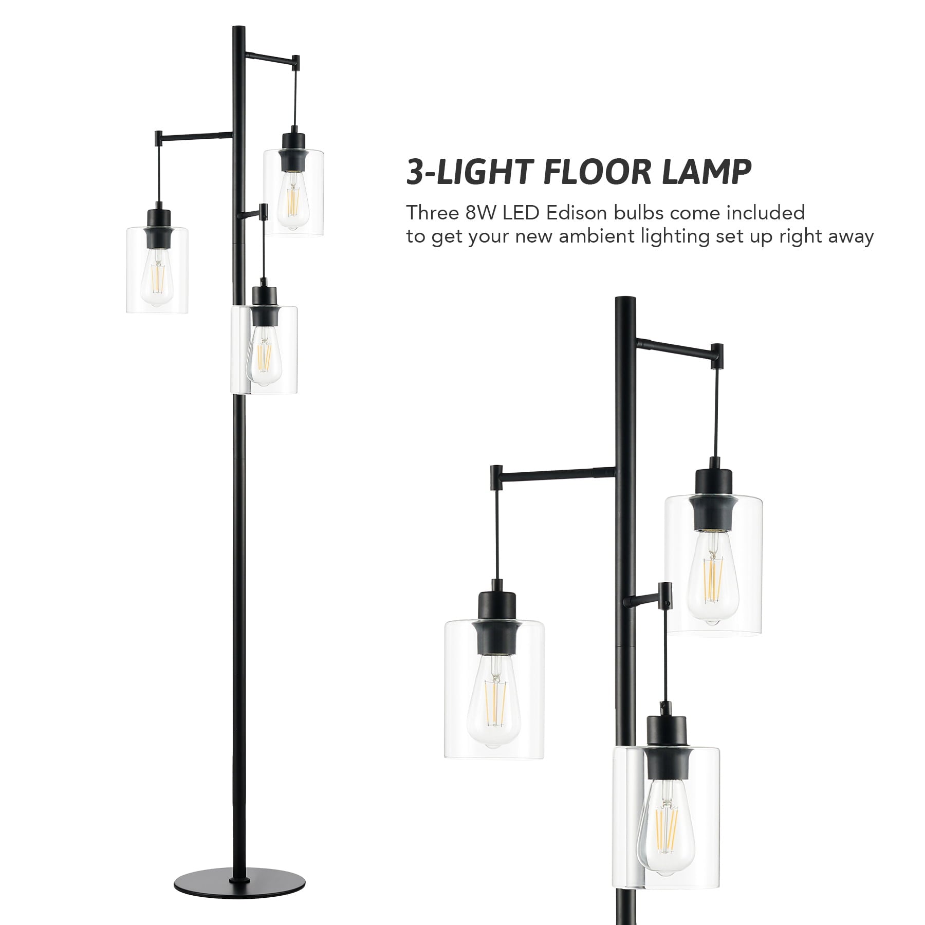 64in Tall Floor Lamp for Living Room Reading Light with Glass Shades, Black