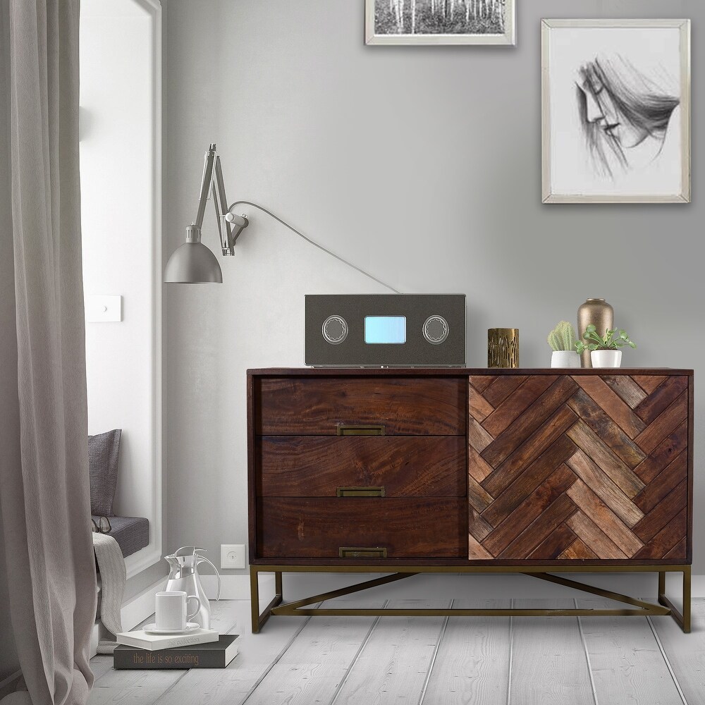 Alice 50 Inch Herringbone Inlaid 1 Door Wood Sideboard Buffet Cabinet  3 Drawers  Metal Frame  Brown