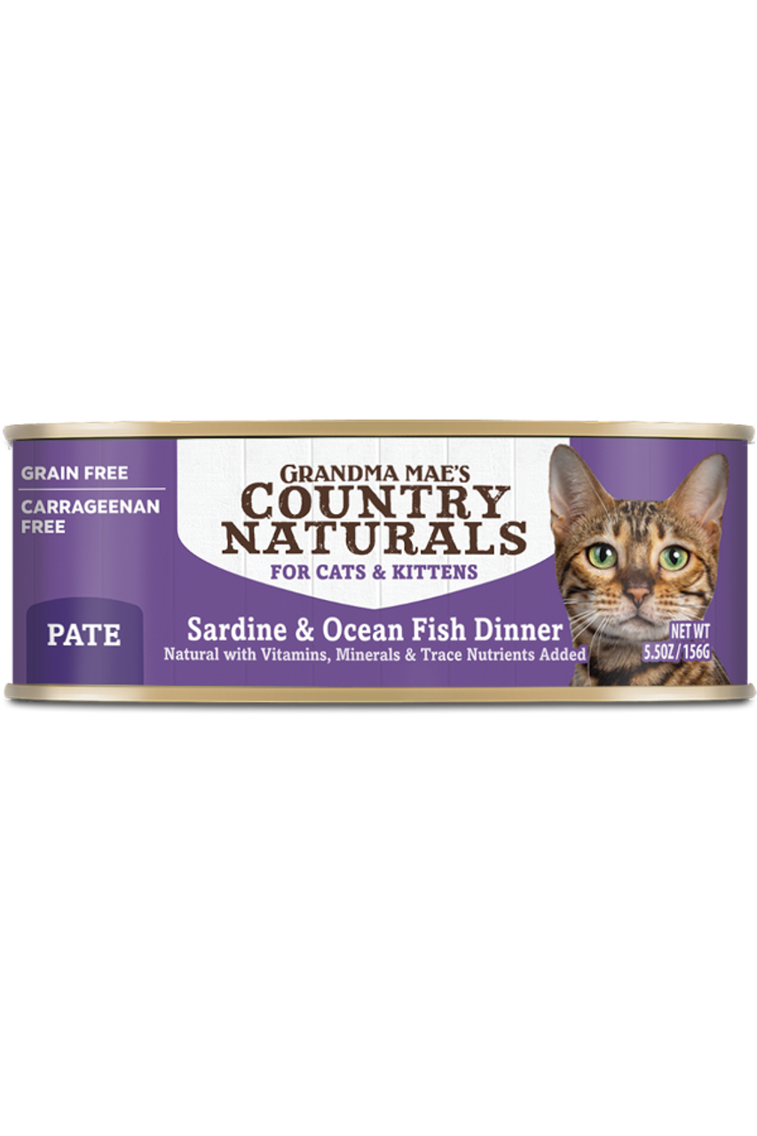 Grandma Mae's Country Naturals Grain Free Sardine and Ocean Fish Canned Cat and Kitten Food， 5.5oz.