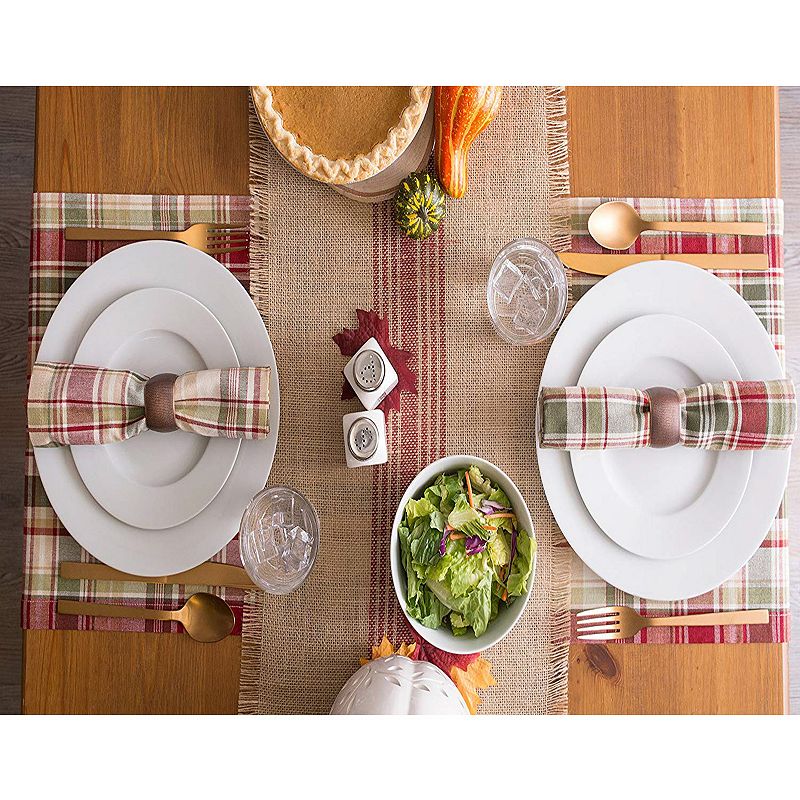 14 x 72 Brown and Barn Red Middle Stripe Border Burlap Table Runner