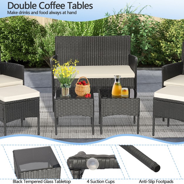 Costway 7pcs Patio Rattan Sofa Furniture Set Table Ottoman Metal Cushioned Outdoor Pool