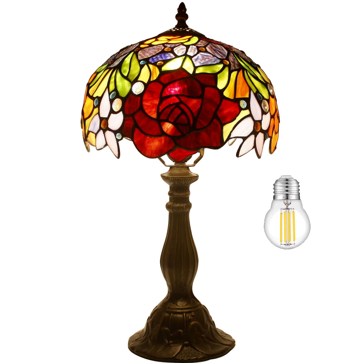  Style Table Lamp Bedside Stained Glass Lamp Red Rose Desk Reading Light 18" Tall Decorative Living Room Bedroom Vintage Library Banker Traditional Boho Victorian LED Bulb Included