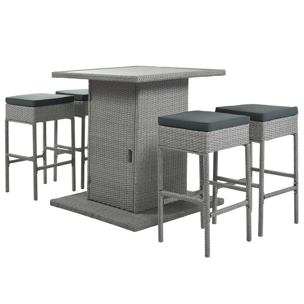 Patio 5 piece Rattan Dining Sets  Wicker Square Kitchen Table Set with Storage Shelf and 4 Padded Stools  for Garden  Gray