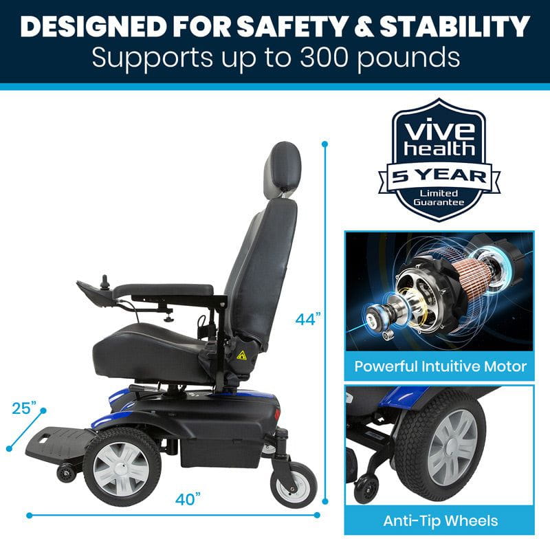 Vive Health Electric Wheelchair Model V - Heavy Duty, 300Lbs Weight Capacity