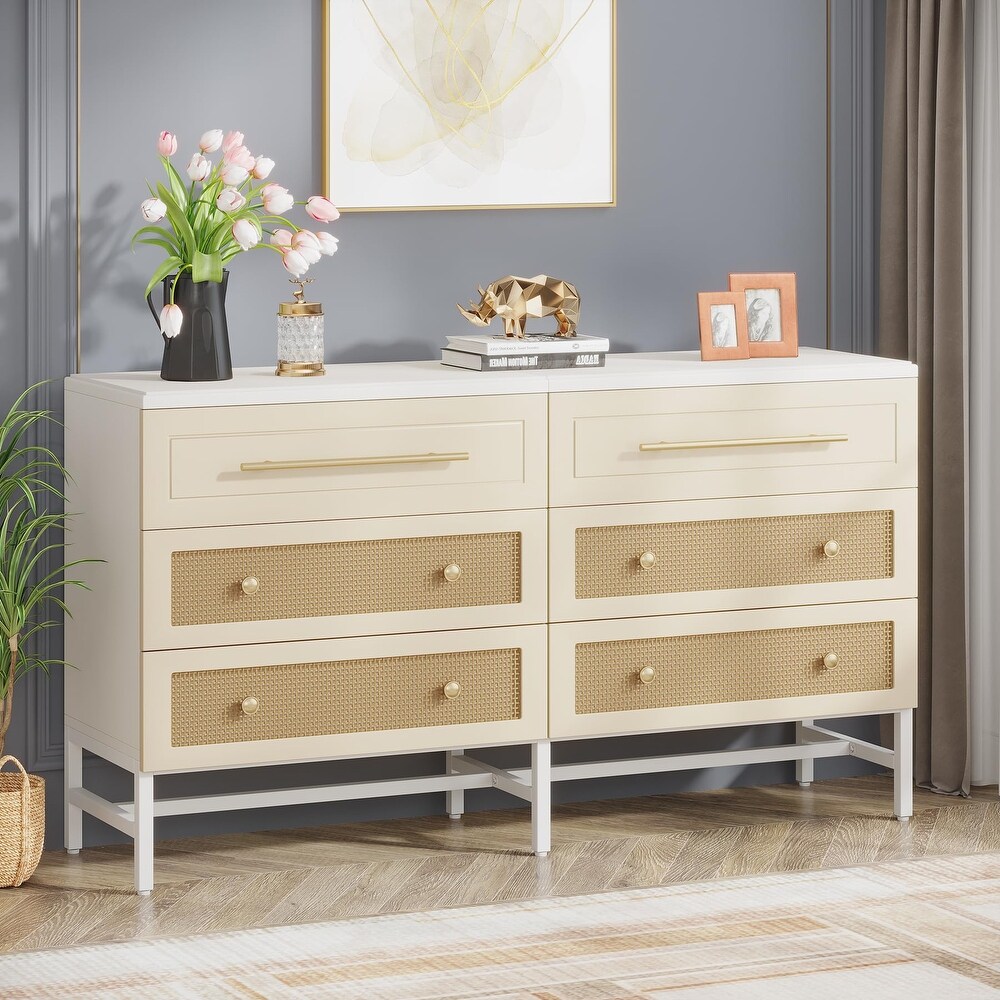 Modern Rattan Dresser 6 Drawer Dressers Chests of Drawers for Bedroom   White and Green