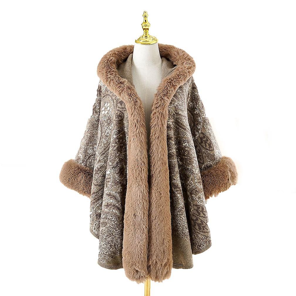 Winter Hooded Poncho With Faux Fur Collar Open Front Cape Warm Cardigant For Women