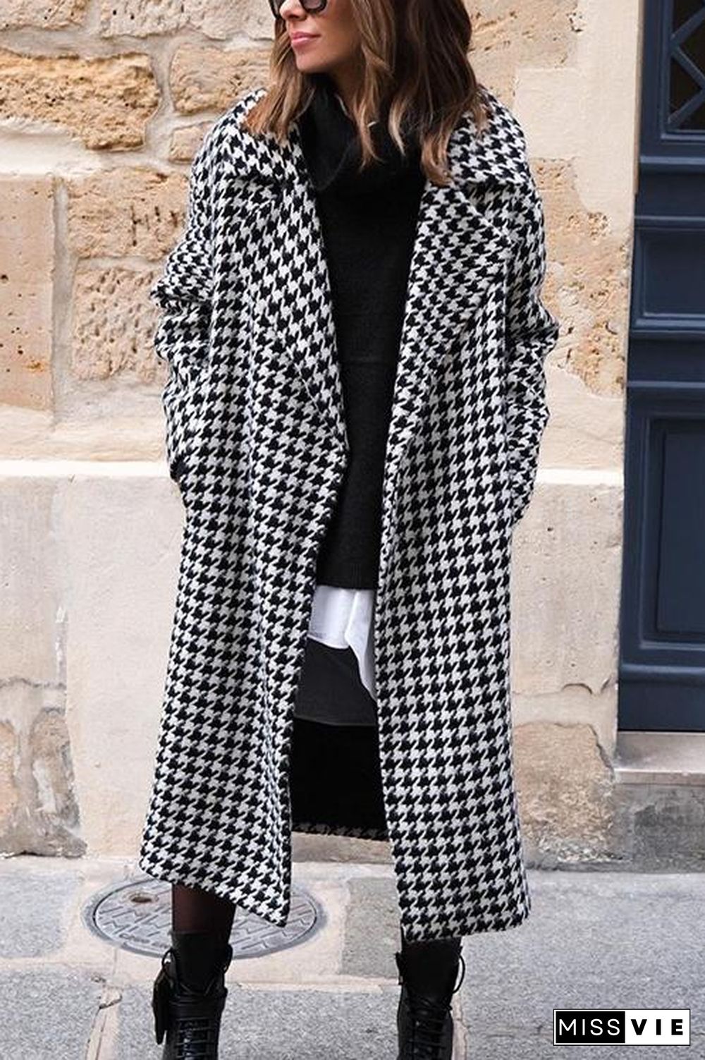 Houndstooth Lapel Woolen Coat