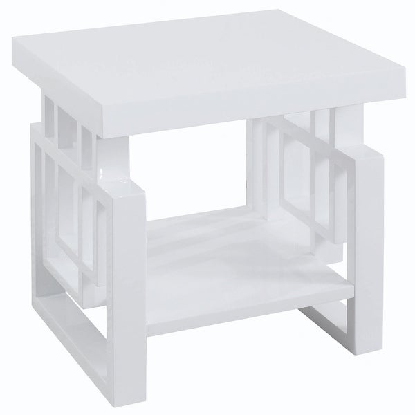 Contemporary Wooden End Table With Designer Sides and Shelf， Glossy White