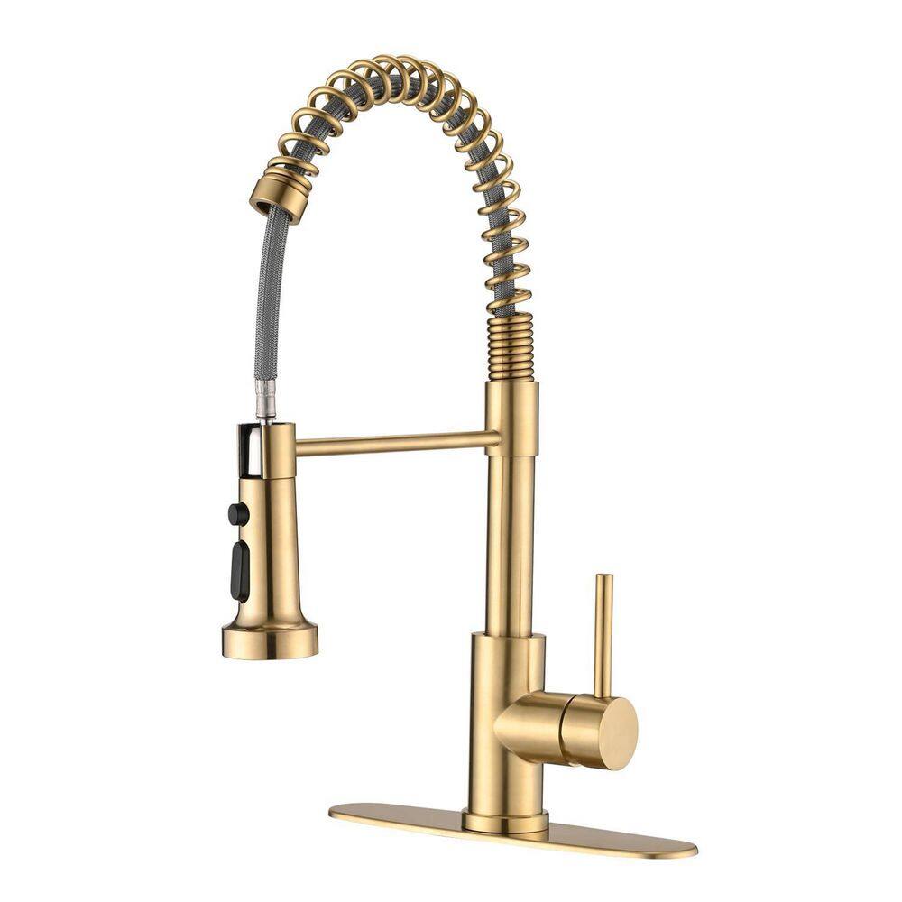 PROOX Single-Handle Deck Mount Spring Pull-Down Sprayer Kitchen Faucet with Deckplate in Brushed Gold PR21AARX289BG