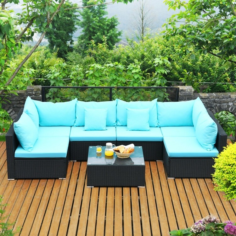 7 Piece Outdoor Sectional Wicker Patio Sofa Set with Tempered Glass Top