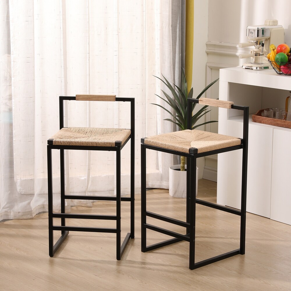 Set of 2 Pub Chairs Bar Stools with Woven Seat  Unique Bar Chairs with Footrest  Counter Height Dining Chairs  Accent Chairs