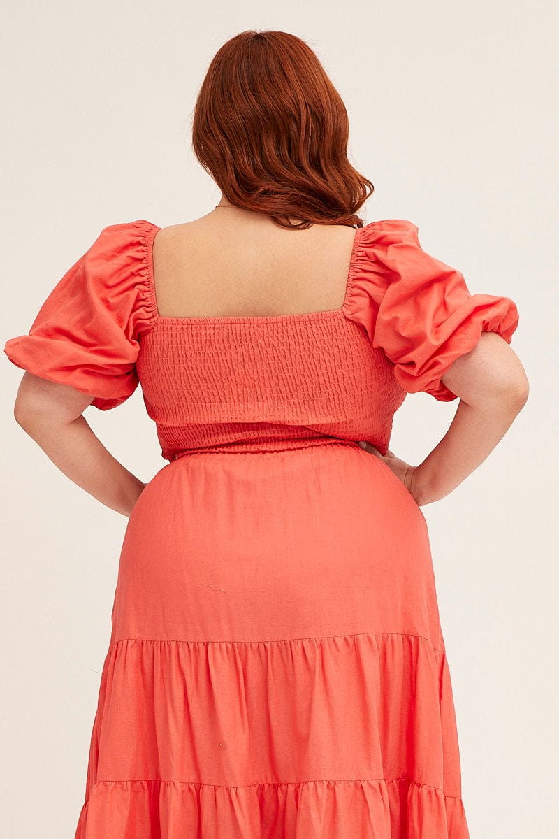 Orange Orange Linen Blend Shirred Semi Crop Top