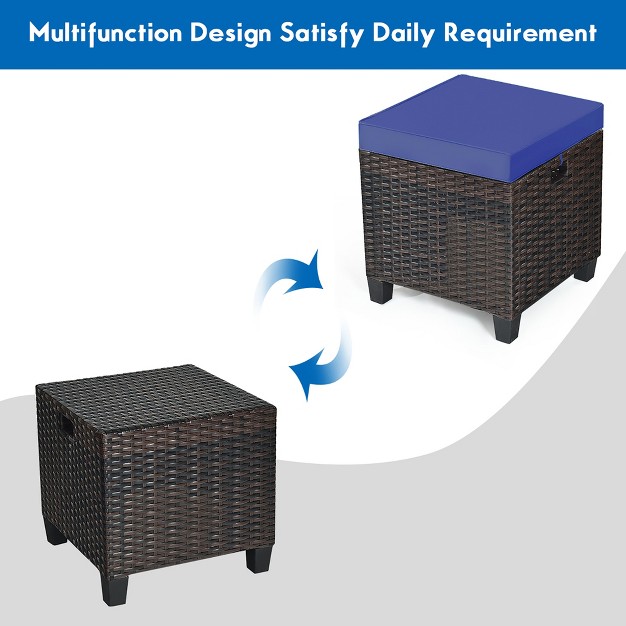 Costway 2pcs Patio Rattan Ottoman Cushioned Seat Foot Rest Coffee Table Furniture Garden Navy