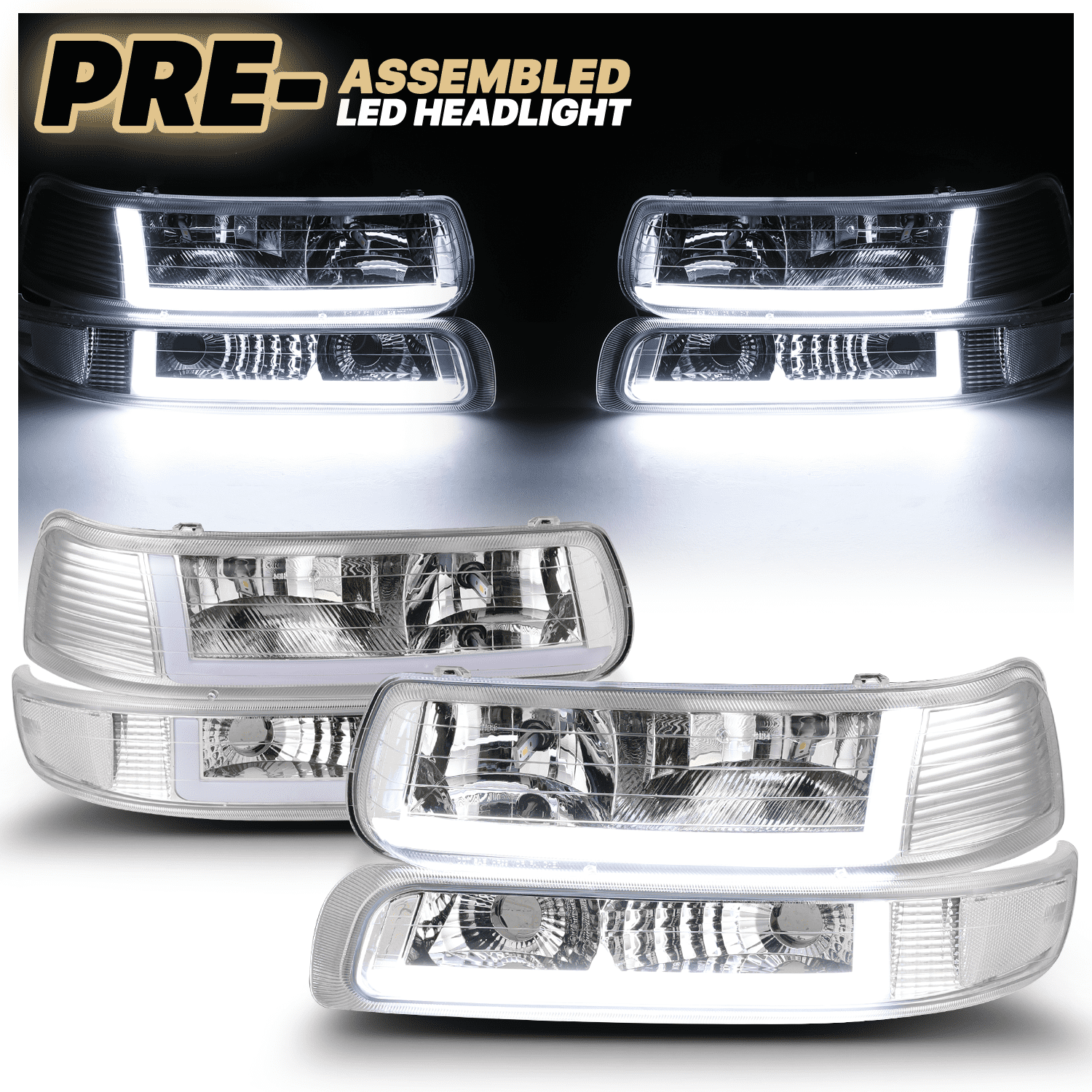 M-AUTO DRL LED Tube Headlight Assembly W/ 2 Pair Pre-Assembled 6000K LED Bulbs for 99-02 Chevy Silverado 1500HD 2500HD 3500HD / 00-06 Chevy Suburban 1500 2500 Tahoe