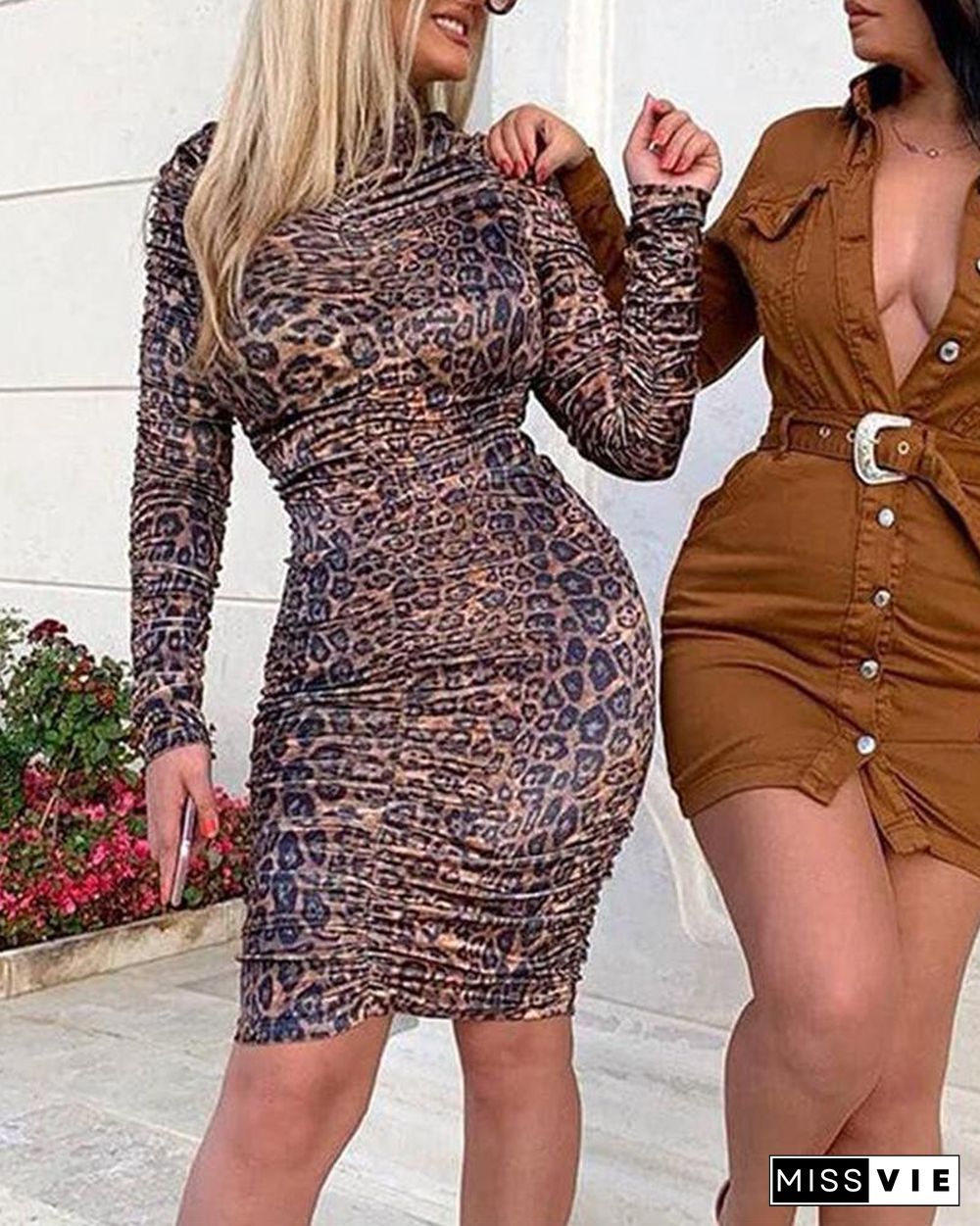 Round Neck Leopard Bodycon Dress