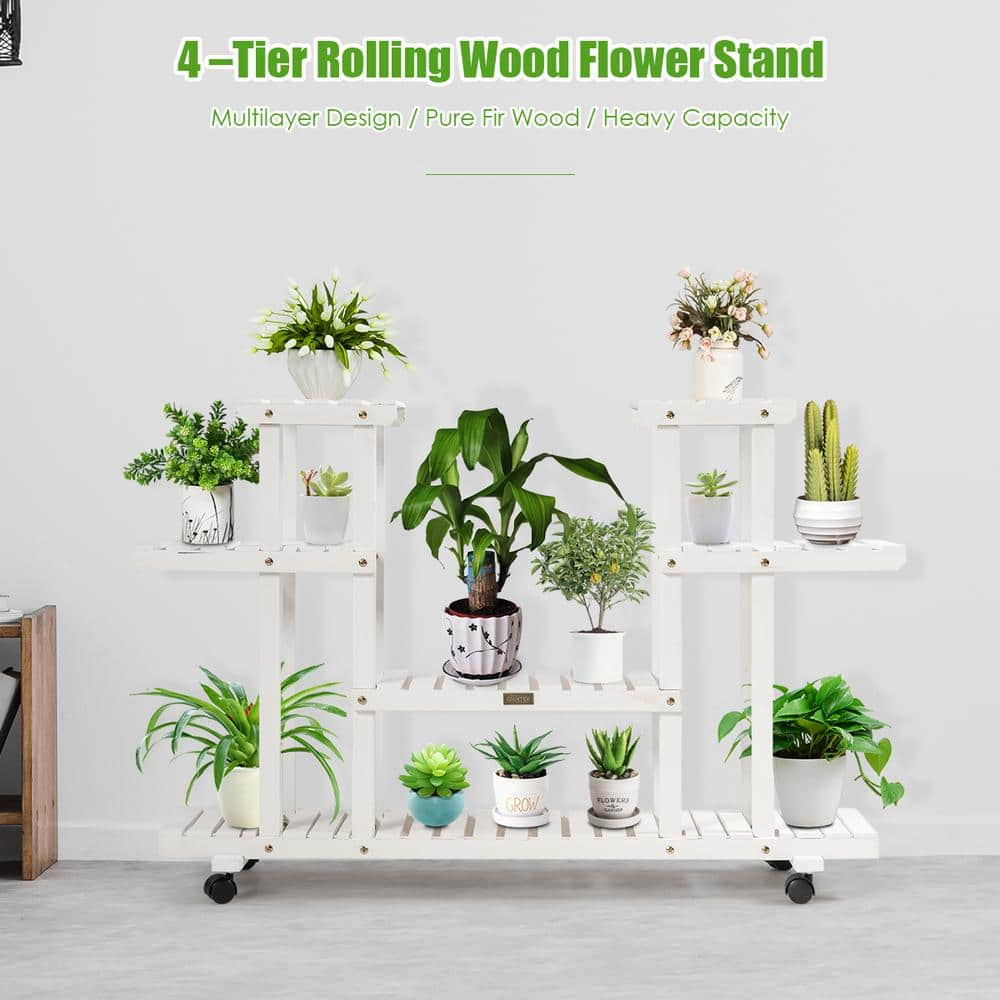 Costway 45.5 in. x 10 in. x 31.5 in. Ladder Indoor Outdoor White Wood Plant Stand (4-Tiers) GT3273