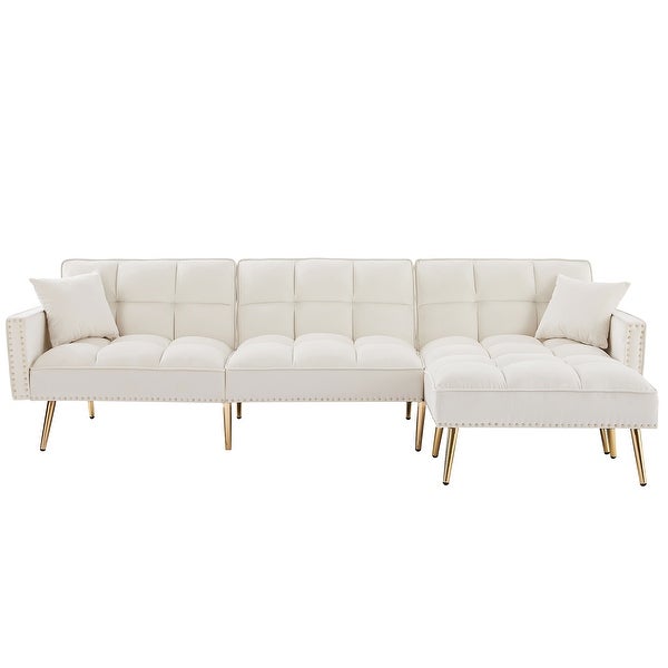 107'' Velvet Tufted Upholstered Converstible Sectional Sofa Bed with Nailhead