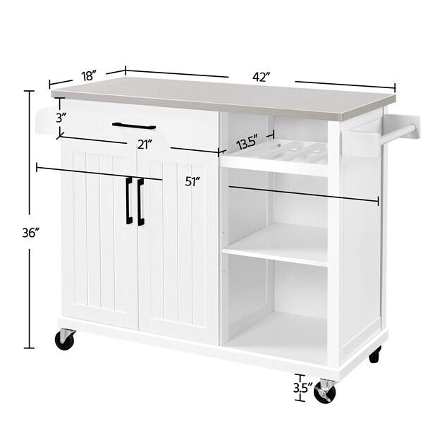 Kitchen Island Cart on Wheels with Stainless Top and Drawers and Towel Rack， White