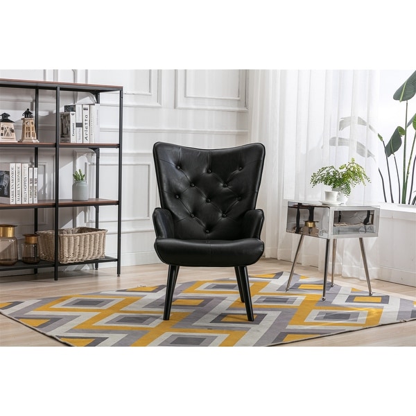 Nordic Style Modern Leisure Chair PU Leather Accent Chair with Button Tufted Decor and Wood Legs