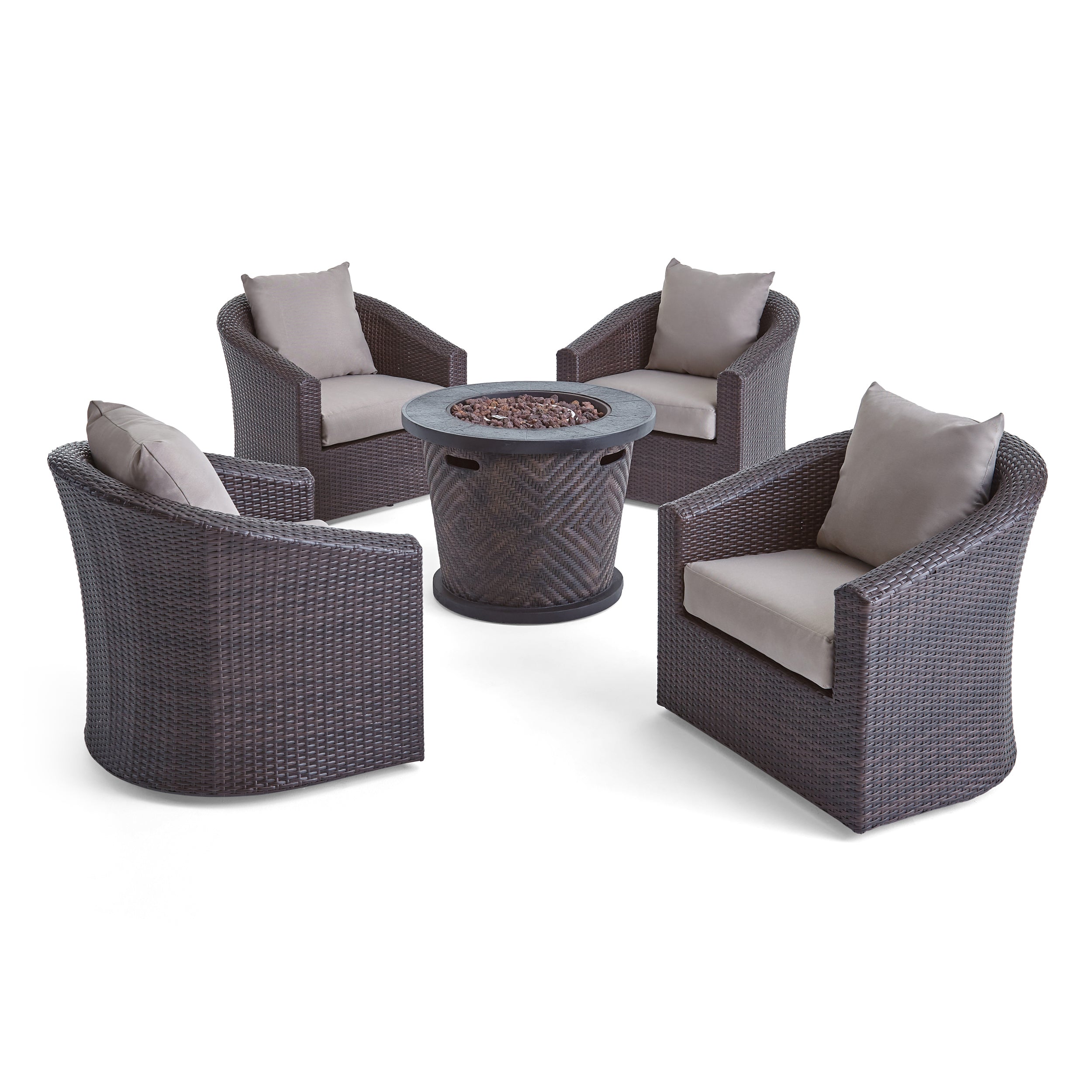 Liyam Outdoor 4 Piece Wicker Swivel Chair Set with Fire Pit, Multi Brown and Brown