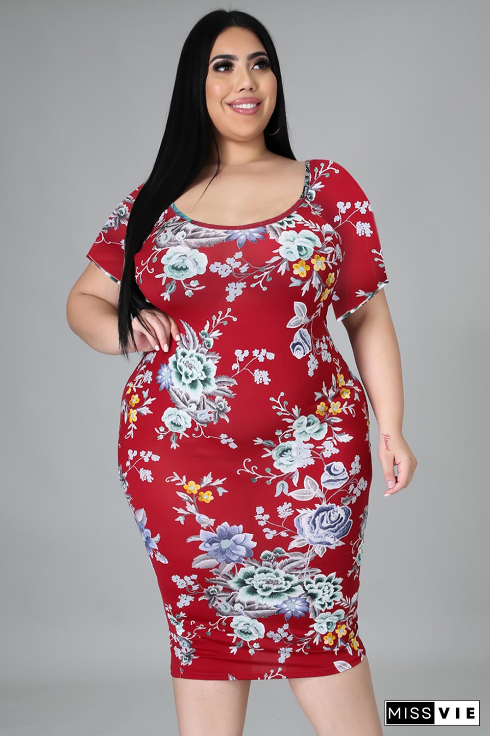 Red Plus Size Floral Short Sleeve Slim Fit Midi Dress