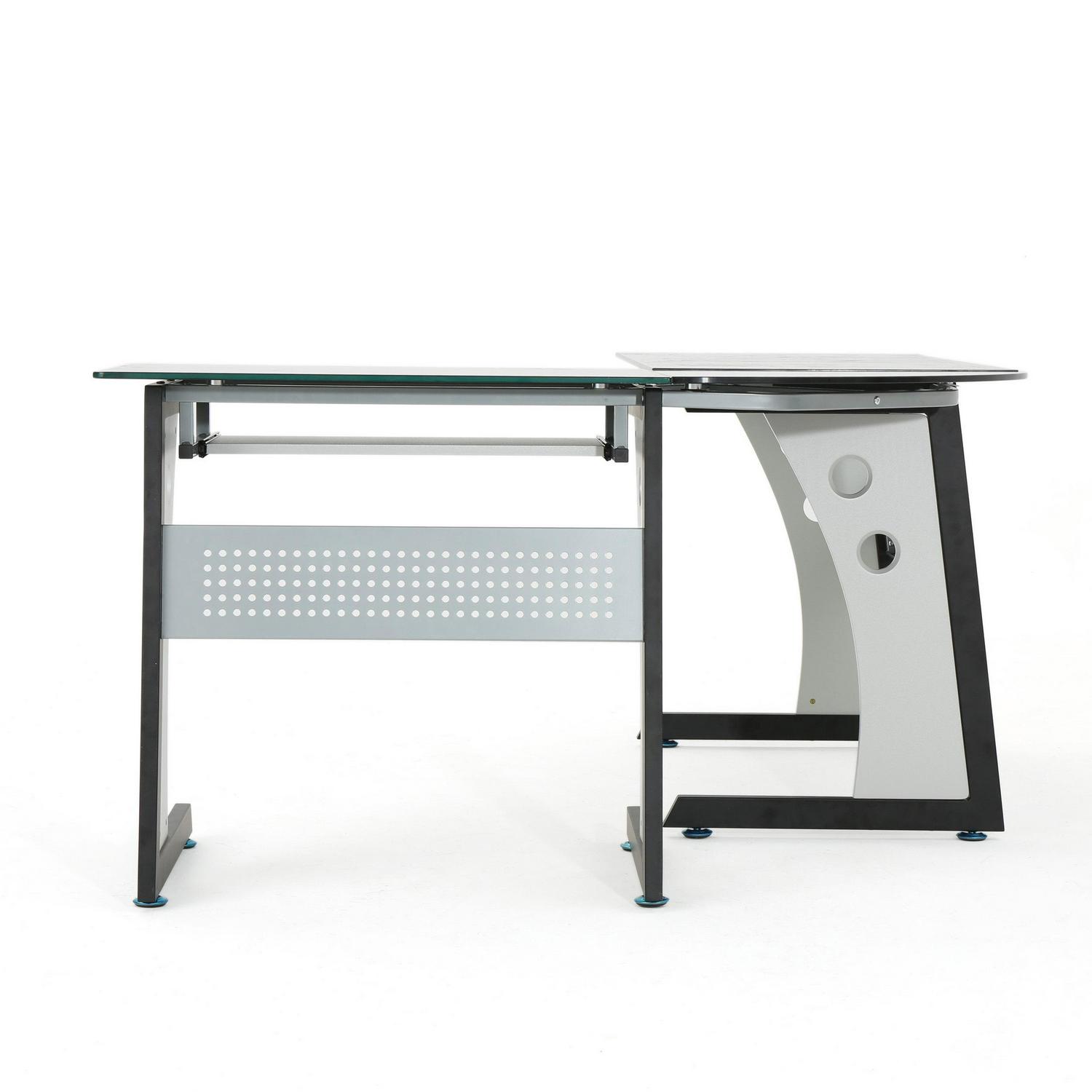 Noble House Ebba L Shaped Office Desk with Tempered Glass Top， Black， Grey