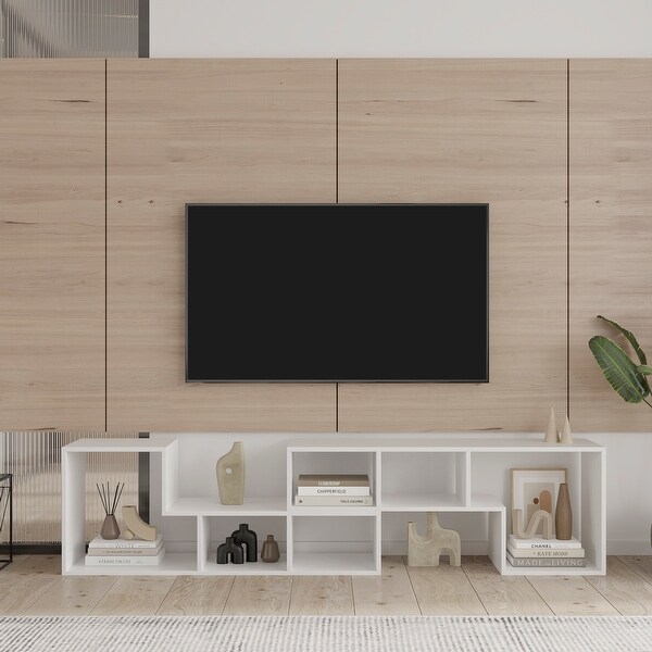 Abstract Double L-Shaped Low Floor TV Stand with Multi Display Storage，White