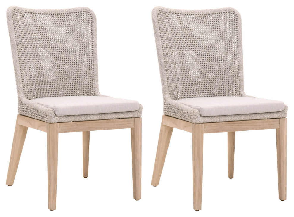 Mesh Outdoor Dining Chair  Set of 2 Taupe  ampWhite Flat Rope  Gray Teak  Pumice   Beach Style   Outdoor Dining Chairs   by Sideboards and Things  Houzz