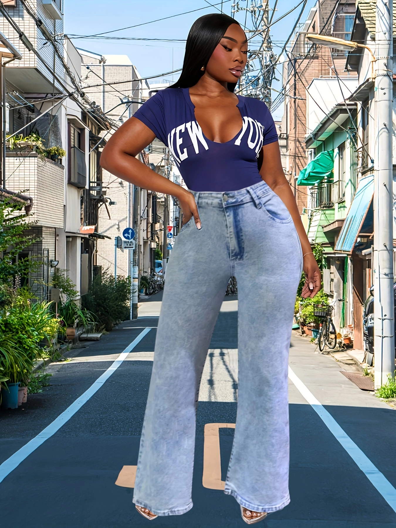 75% Cotton Plus Size Embroidered High Stretch Jeans, Straight Leg with Pockets, Cute Solid Color Denim, All-Season 23% Polyester 2% Spandex Blend Fabric