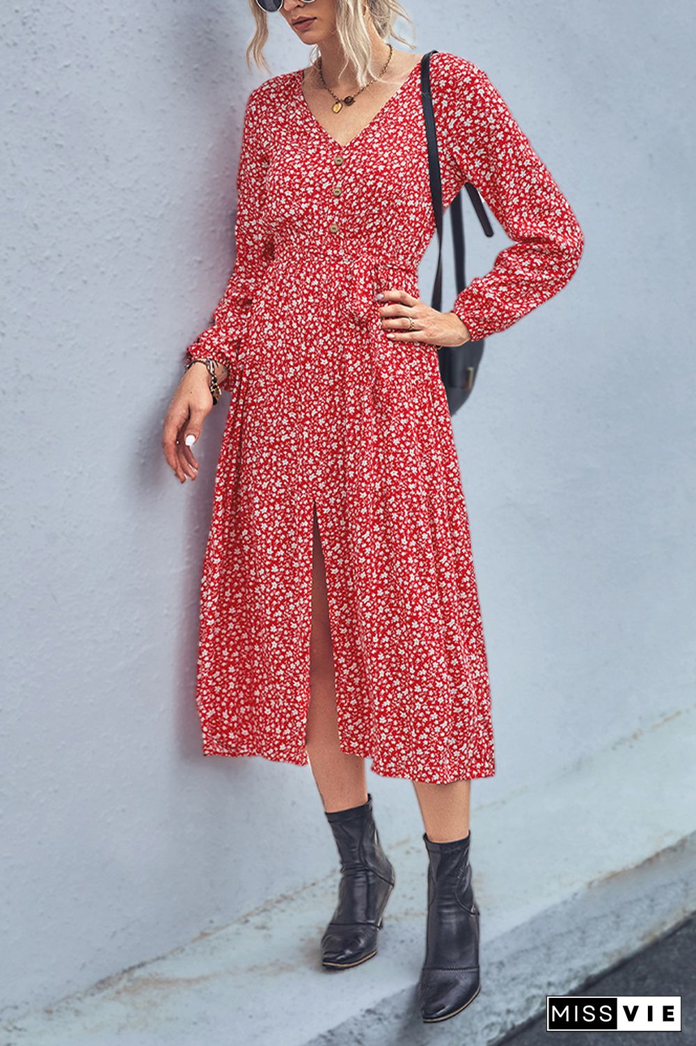 V Neck Button Down High Waist Split Floral Dress