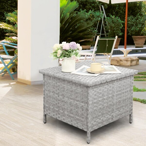 Outdoor PE Wicker Side Table with Storage Patio End Table Resin Rattan Storage Table for Garden Backyard Porch Poolside