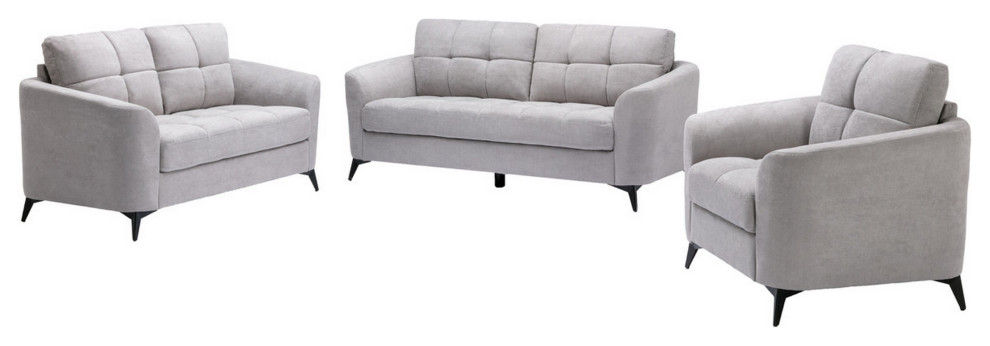 Benzara BM287961 Sofa  Loveseat  Chair Set  Tufted Cushions  Light Gray Velvet   Midcentury   Living Room Furniture Sets   by Uber Bazaar  Houzz