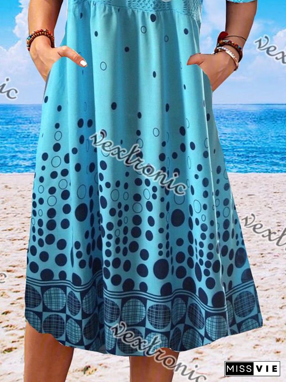 Women Casual Short Sleeve Scoop Neck Polka Dot Lace Midi Dress