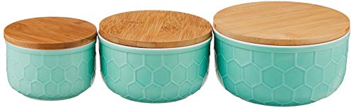 Desert Fields Round Mint Green Stoneware Bowls with Bamboo Lid， 6