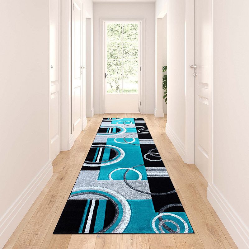 Masada Rugs Masada Rugs Sophia Collection 3'x10' Hand Sculpted Modern Contemporary Area Rug in Turquoise， Gray， White and Black