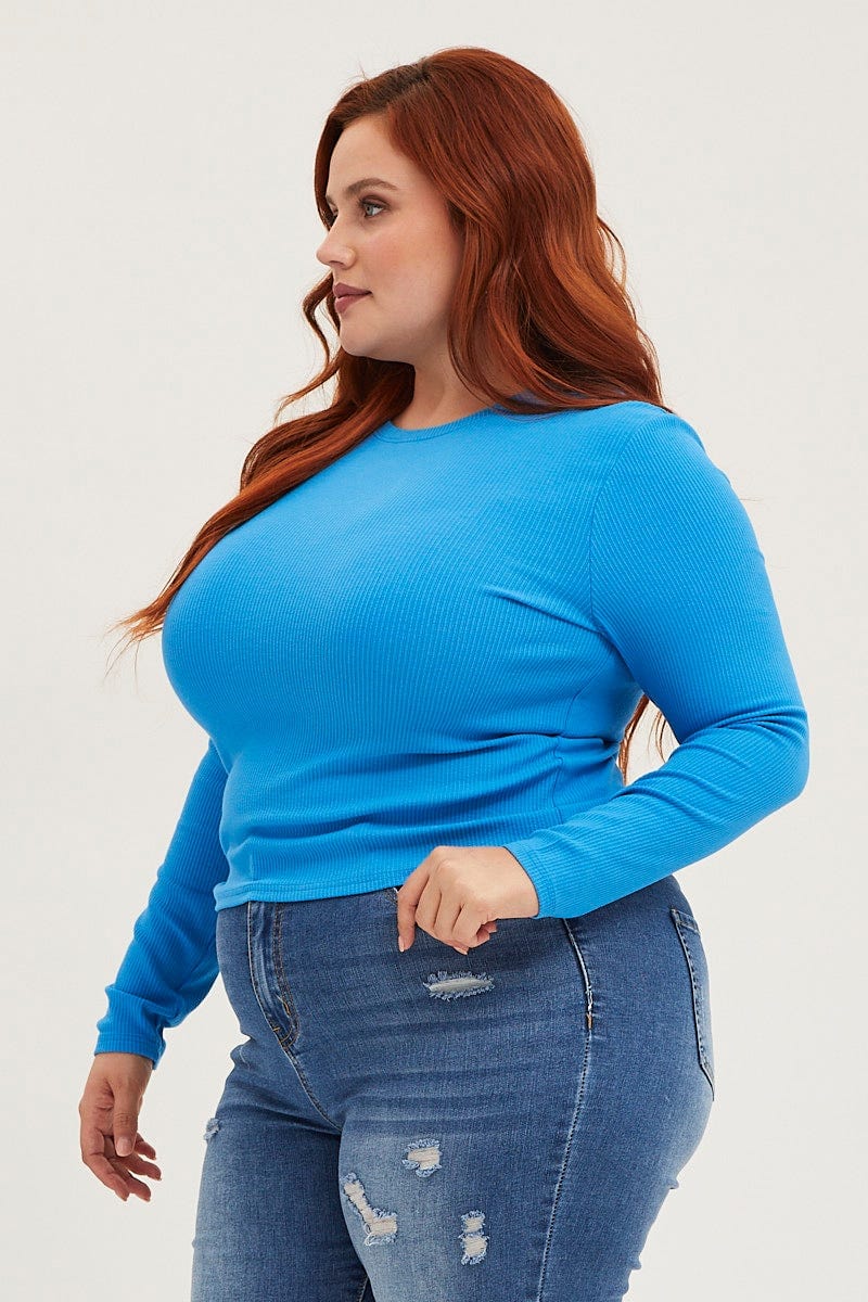 Blue T-shirt Crew Neck Long Sleeve Rib Semi Crop