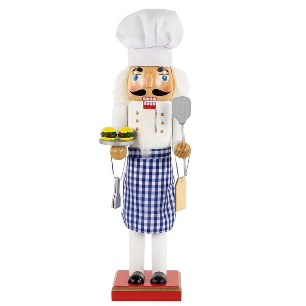 14 White and Blue Chef with Gingham Apron Wooden Christmas Nutcracker