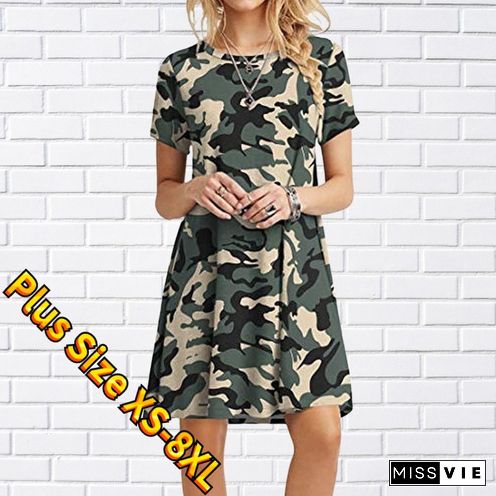 Ladies Fashion Dress Floral Leaf Print Ladies Casual Dress Summer Beach Short Sleeve Dress Long Skirt Plus Size Xs-8Xl