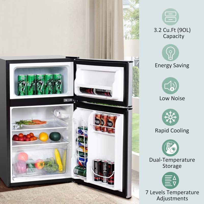 3.2 Cu.Ft 2-Door Compact Refrigerator Mini Freezer Cooler Fridge with Reversible Stainless Steel Door