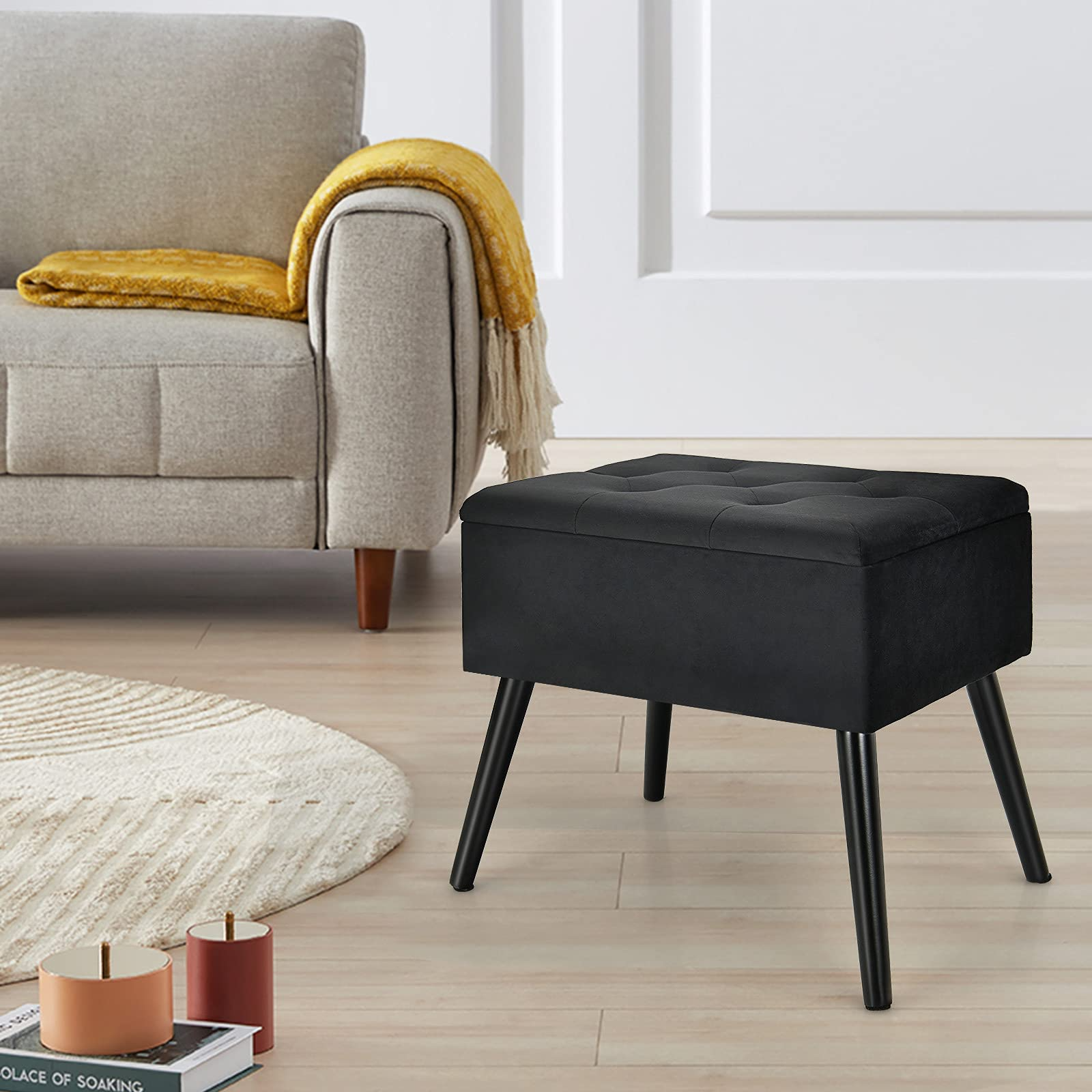 Giantex Tufted Storage Ottoman, Flip Top Storage Stool w/ Solid Wood Legs