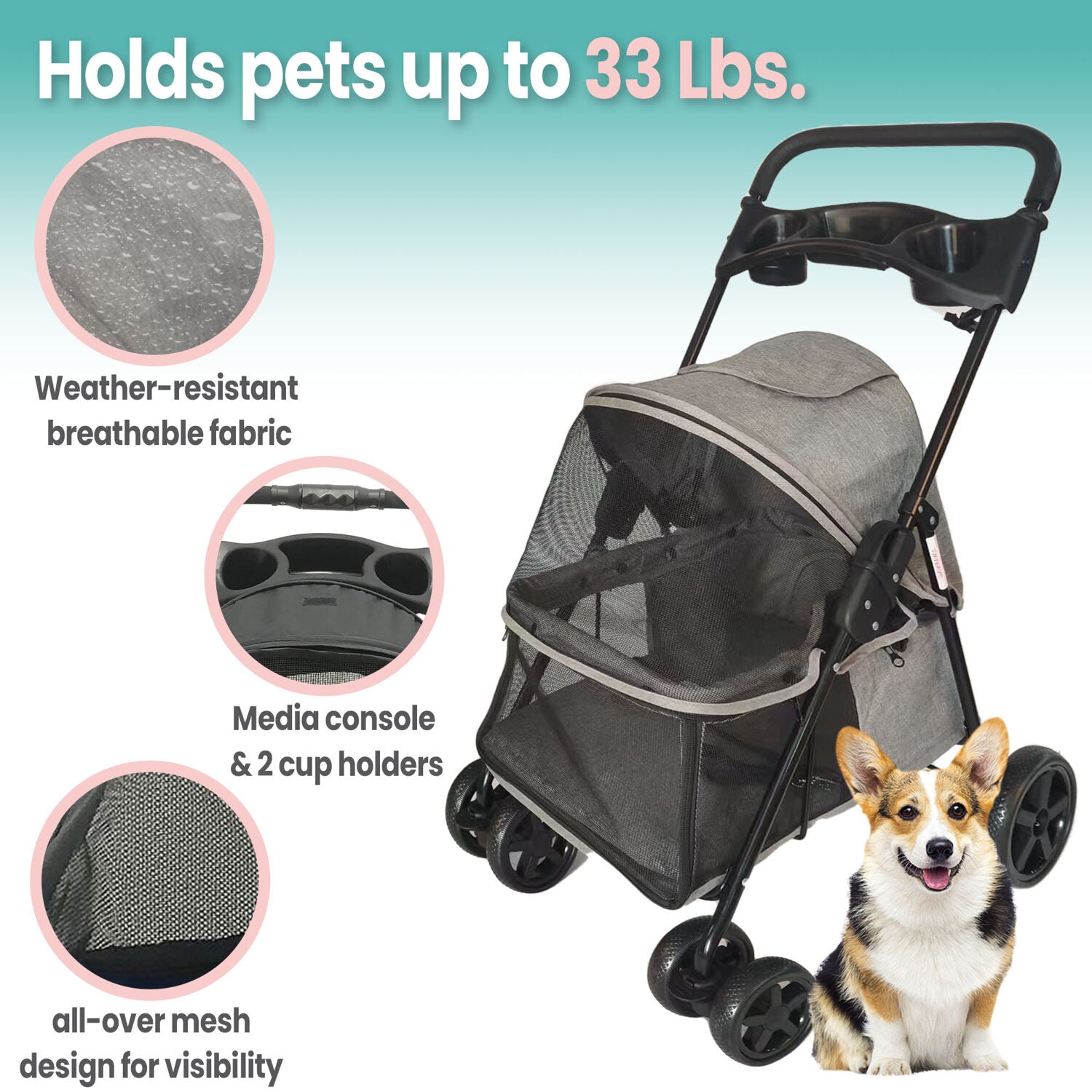 Critter Sitters Grey Foldable Pet Stroller for Small Dogs/Cats with Breathable Scratch Resistant Mesh Windows | Cup Holders | Storage Pockets | Lockable Wheels | Safety Leash | Animal Transportation