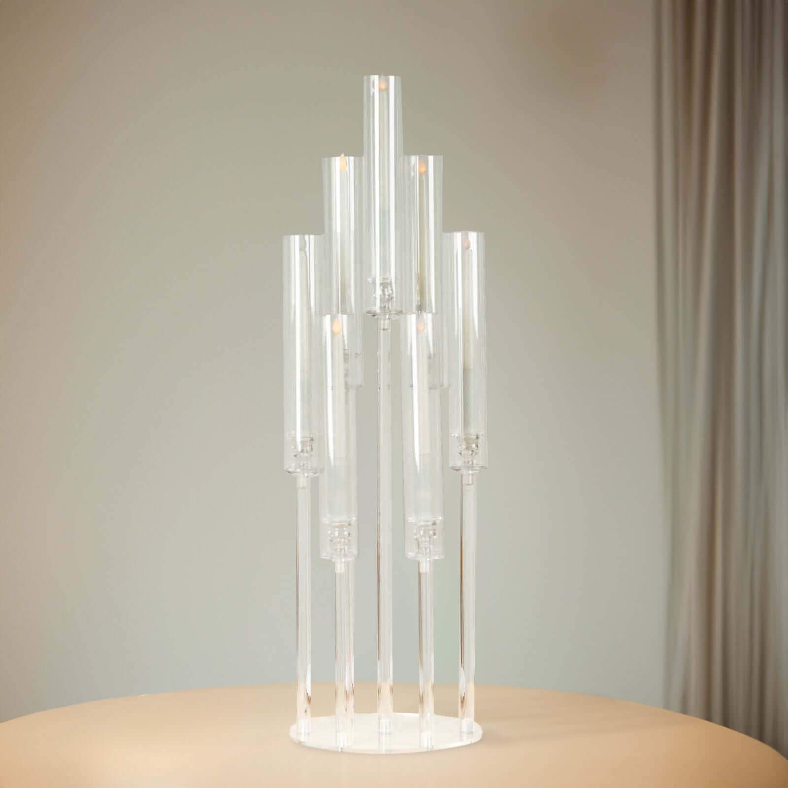 7 Arm Clear Acrylic Cluster Round Taper Candle Holder Candelabra, Pillar Candle Stick Stand With Circular Base - 33