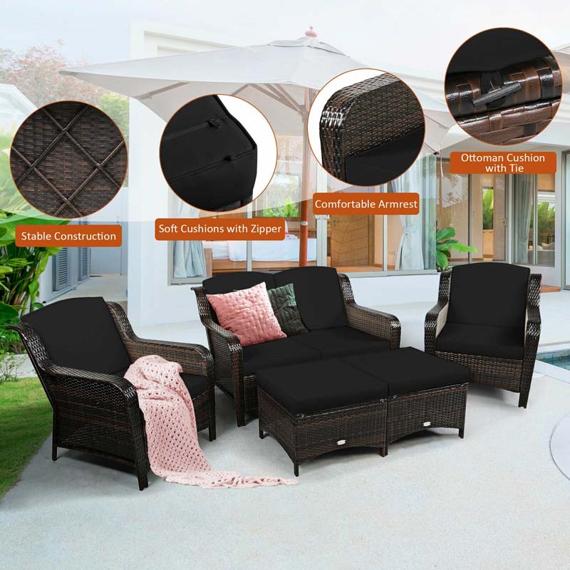 5 Pcs Rattan Wicker Patio Furniture Set with Loveseat, Single Sofas & Ottomans, Outdoor Conversation Sets