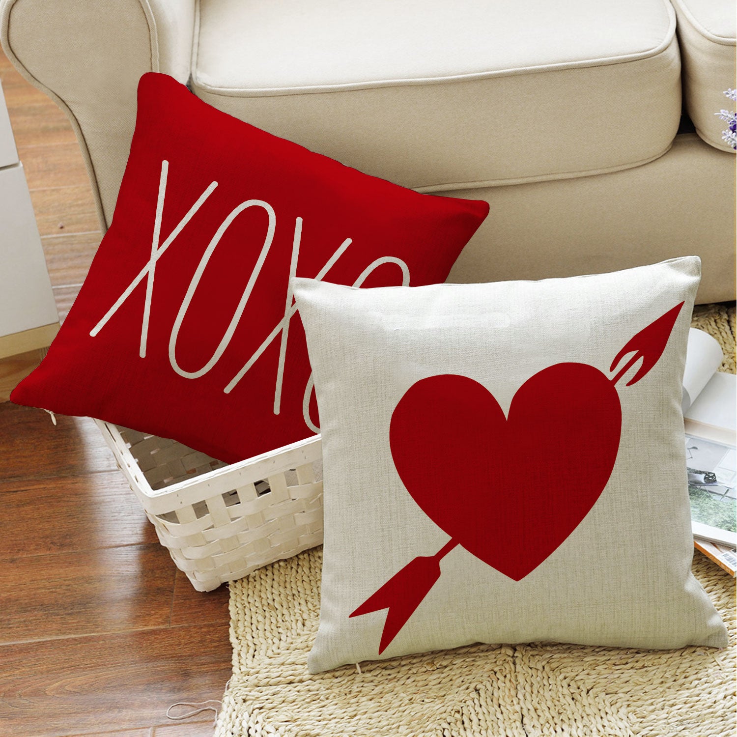 Artoid Mode Love Heart Kisses Hugs XOXO Valentine's Day Throw Pillow Cover 18 x 18 Set of 4 Decorative Farmhouse Outdoor Pillow Case Red Off White